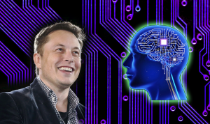 Obrazek przedstawia Elona Muska- jednego z pionierów Neuralink na tle połączeń, które mają symbolizować Neuralink